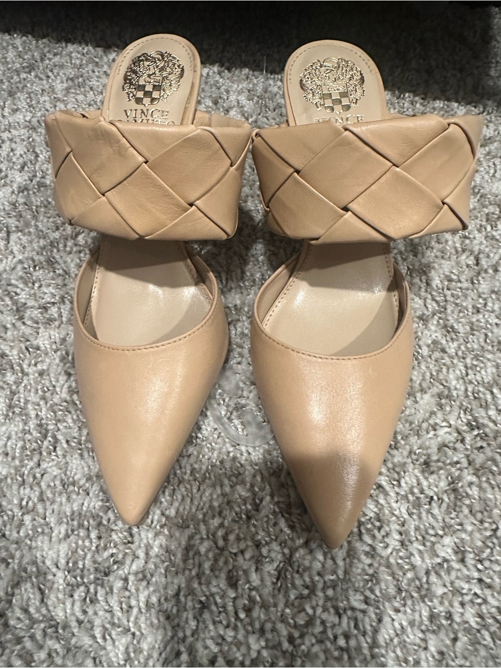Vince Nude Woven-Strap Pointed-Toe Leather Mules